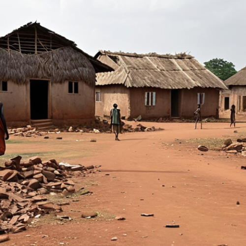 Home 13 A desolate Central African Republic village, post-revolution, with crumbling buildings and weary-looking people, reflecting political instability.