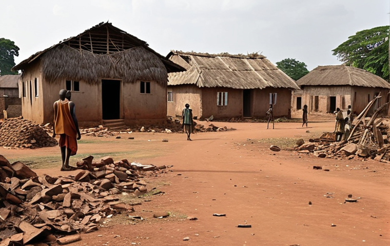 A desolate Central African Republic village, post-revolution, with crumbling buildings and weary-looking people, reflecting political instability.