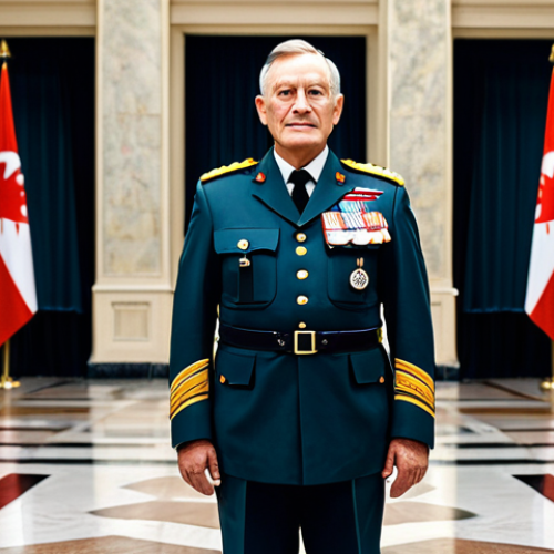 Home 8 A dignified, middle-aged male figure representing a national leader, fully clothed in a meticulously tailored military dress uniform with appropriate insignia. He stands confidently within a well-lit, grand government building interior, with subtle national flag elements in the background, conveying stability and authority. Perfect anatomy, correct proportions, natural pose, well-formed hands, proper finger count, natural body proportions, professional photography, high-quality, safe for work, appropriate content, family-friendly, professional dress, modest clothing.
