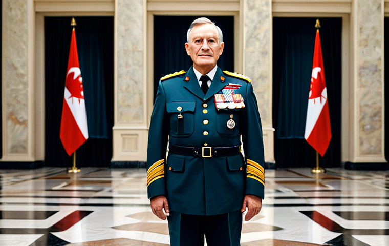 A dignified, middle-aged male figure representing a national leader, fully clothed in a meticulously tailored military dress uniform with appropriate insignia. He stands confidently within a well-lit, grand government building interior, with subtle national flag elements in the background, conveying stability and authority. Perfect anatomy, correct proportions, natural pose, well-formed hands, proper finger count, natural body proportions, professional photography, high-quality, safe for work, appropriate content, family-friendly, professional dress, modest clothing.